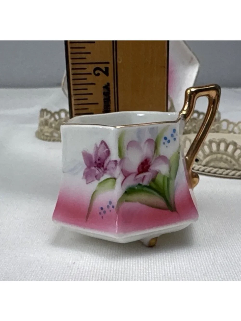 Hand-Painted Japanese Hexagon Teacup & Saucer Pink Floral Gilt Trim Stunner Vtg